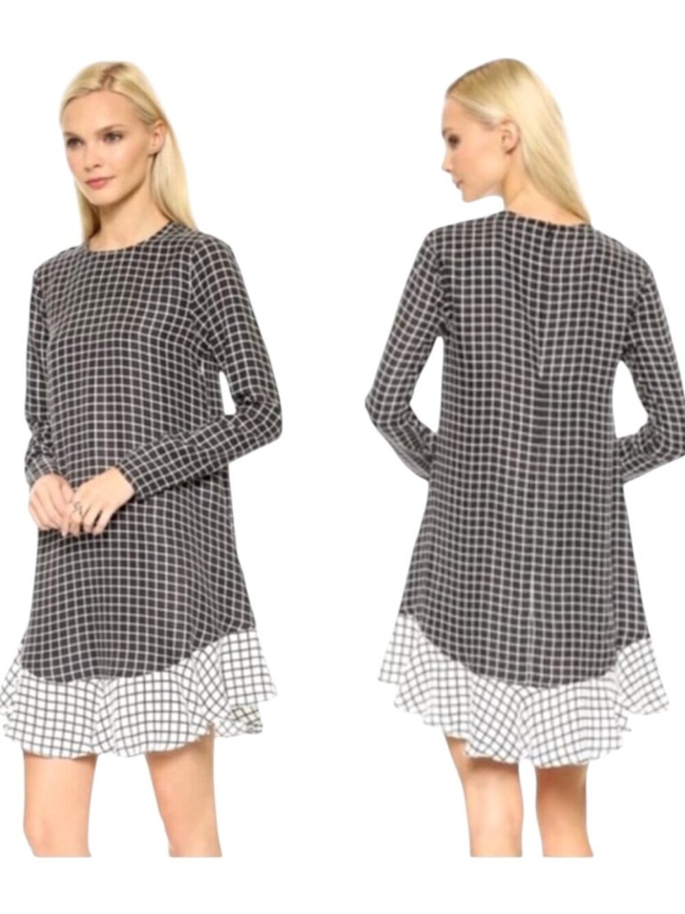 Rachel Zoe Dress Women 4 Black Ivory Silk Anika Grid Print Ruffle Hem Mini‎